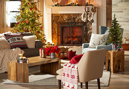 Living room with fireplace in background