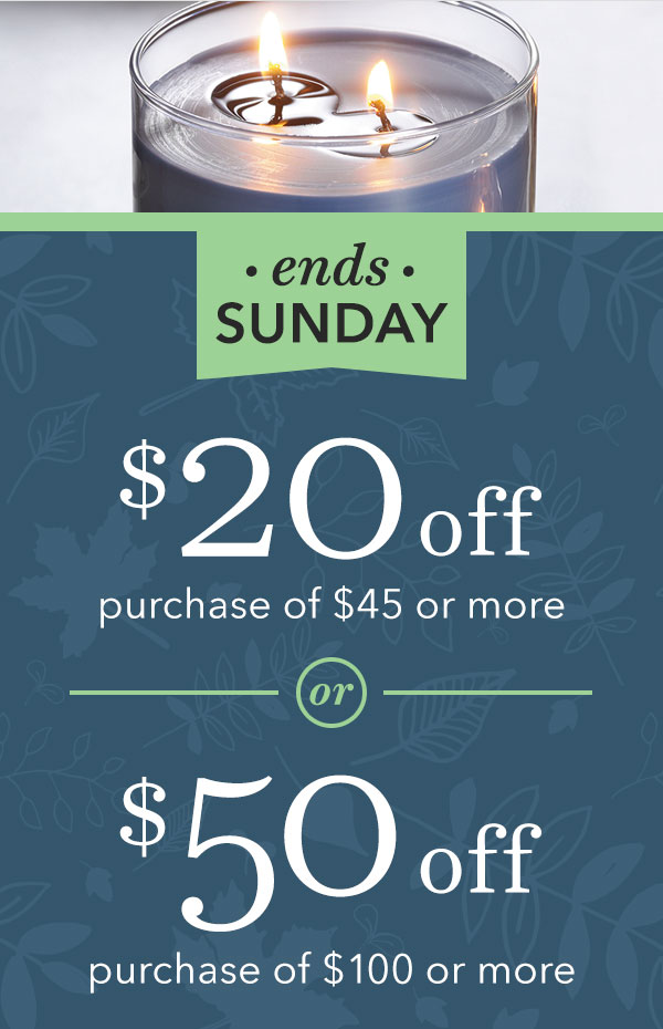 $20 off $45 or more OR $50 off $100 or more